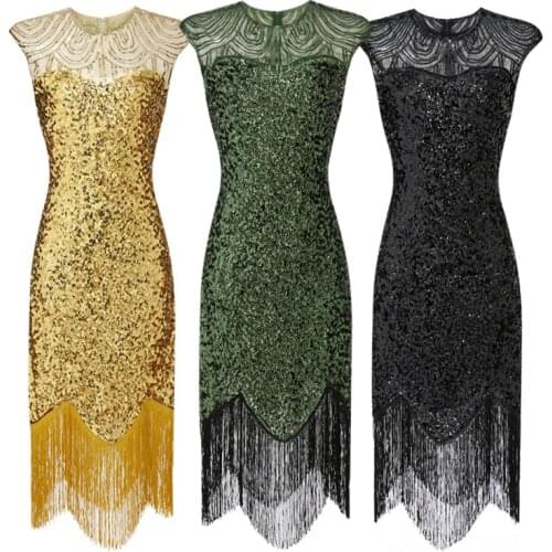 Women Party Dress Robe Femme 1920s Great Gatsby Flapper Sequin Fringe Midi Dress Vestido Spring Autumn Art Deco Retro Dress