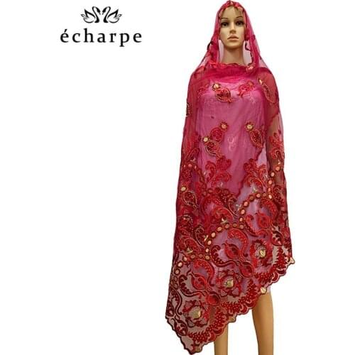 Latest african Women Scarf Good Quality Plain Embroidery with Stones Soft Net Scarf for Headscarf Wraps EC043