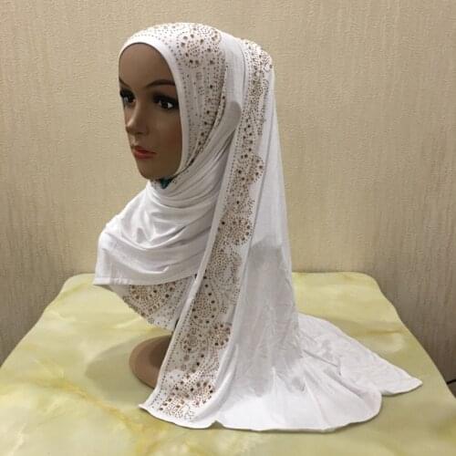 Premium Cotton Jersey White Muslim Hijab Scarf Headcover Floral Gold Rhinestones Islamic Turban Modest Headwear S size 160X50CM