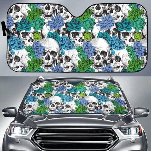 Green Blue Flowers Skull Car Interior Accessories UV Protect Foldable Windshield Sun Shade for Front Window Cool Car Accessories