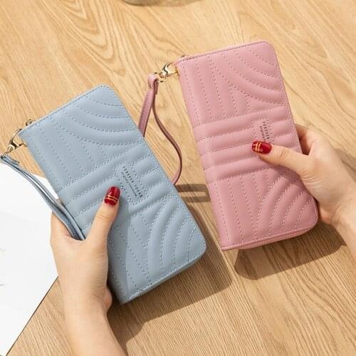 Long Sewing Thread Women Wallets Letter Zipper Coin Purses Female Solid Color Pu Leather Wristband Clutch Phone Bag Card Holder
