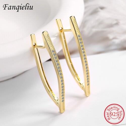 Fanqieliu Gold Color Crystal V Shape Big 925 Sterling Silver Hoop Earrings For Women FQL21333