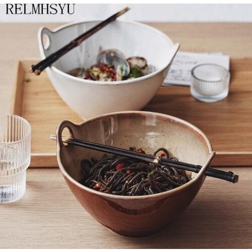 1PC RELMHSYU Japanese Style Kiln Ceramic Binaural Noodle Soup Dinner Bowl Ramen Salad Bowl Household Personalized Tableware