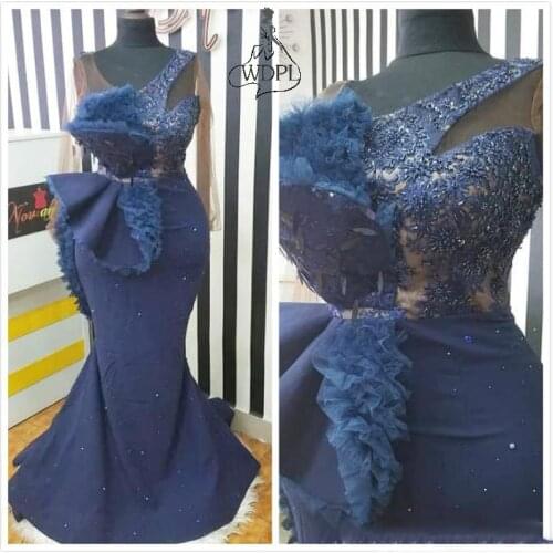 Aso Ebi Arabic Navy Blue Cheap Evening Dresses Lace Beaded Mermaid Prom Dresses Sexy Formal Party Night Gowns robe de soirée
