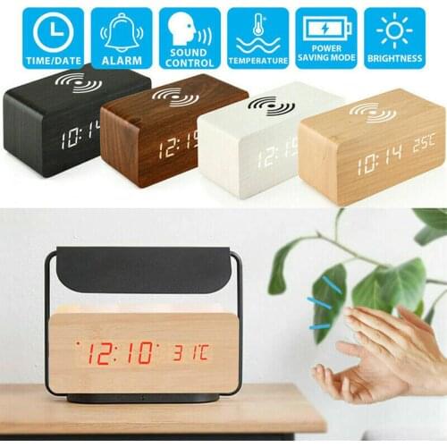 Electric LED alarm clock with phone wireless charger Wooden Creative w/ Qi Wireless Phone Charging digital thermometer clock