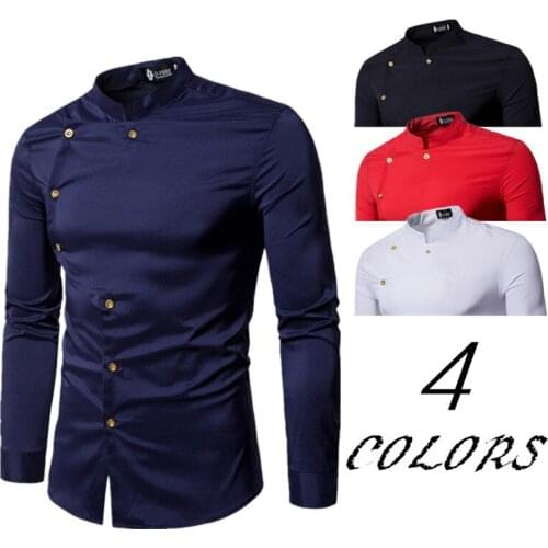 Mens Shirt Long Sleeve Solid Color Stand Collar Cardigan Shirt Casual Personalized Tailoring Irregular Buttons Tops