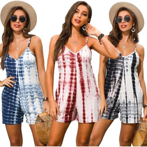 Women Tie Dye Gradient Sleeveless Spaghetti Strap Party Short Romper Jumpsuit