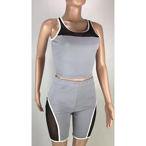 Dropshipping 2021 women color block set gym sports wear mesh short women two piece sets summer