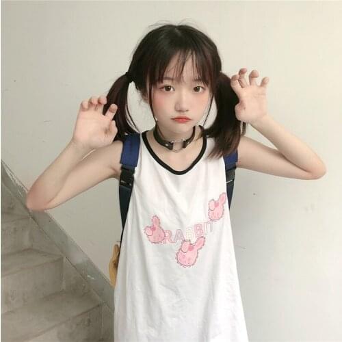 Mid-Length Sleeveless T-Shirt Sweet Soft Girl O-Neck Loose Stitching Top Japanese Kawaii Cute Rabbit Cartoon Printing Clothing