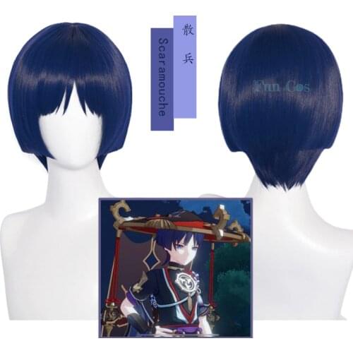 Game Genshin Impact Scaramouche Cosplay Blue Wig Anime Heat-resistant Fiber Hair + Free Wig Cap Halloween Party Props Woman Man