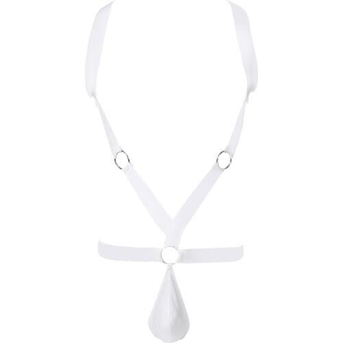 Men Hollow Out Bulge Pouch Romper Jumpsuit Body Shoulder Chest Harness Belt O Ring Connected Elastic Band Erotic Catsuit Leotard