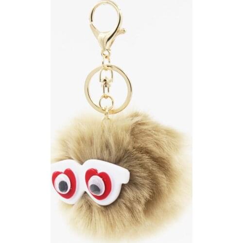 Furling 1pc Nerdy Heart Eyes Faux fur 9cm Pompoms Ball Keychain Bag Charm Women Accessories Key Ring Fluffy Plush Toys