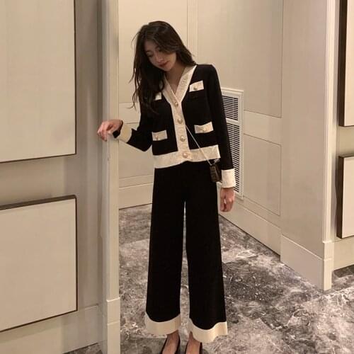 Fashion womens suit 2021 spring new knit suit fashion professional knitted wide-leg pants two-piece suit