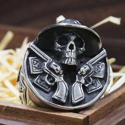 Vintage Cowboy Double Gun Skull Ring Mens Stainless Steel Punk Skull Ring Cool Male Hip Hop Biker Rings Jewelry Accessories