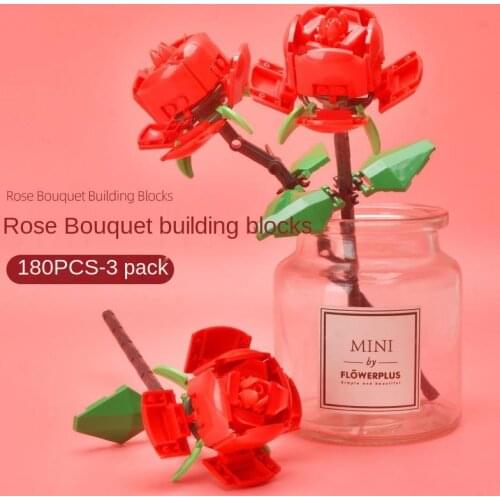 New 3 Bouquet Roses Valentines Day Fight Inserting Building Block Toys Creative Girl Building Block Toys Teachers Day Gift