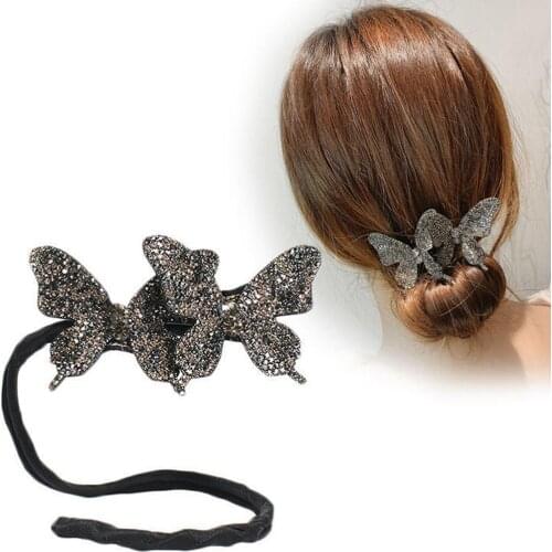 Korean Rhinestone Butterfly Hair Bun Maker Hair Styling Hair Curler Hair Disk Meatball Head Rubber Clip Accessories DIY Braiding