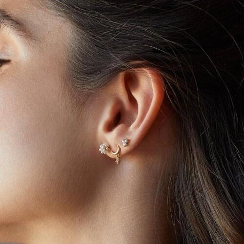 Fine 925 sterling silver women girls shooting star moon stud earring minimal delicate gold Vermeil 5A Sparking bling cz jewelry