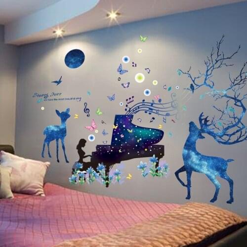 [shijuekongjian] Cartoon Girl Piano Wall Sticker DIY Deer Animlas Mural Decals for Living Room Kids Bedroom House Decoration