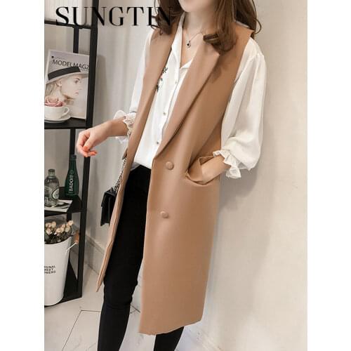 Sungtin Casual Blazer Women Vest Office Lady Long Suit Vest Spring Autumn Female Pockets Waistcoat Sleeveless Jackets Plus Size