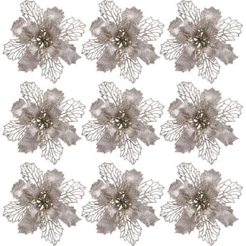 TOYANDONA 12 Pcs Glitter Poinsettia Flowers Hollow Artificial Flowers Christmas Ornaments Xmas Tree Hanging Pendant (Champagne)