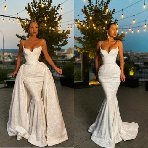 Gorgeous Mermaid 2021 Wedding Dresses with Detachable Train Plus Size Sequined Spaghetti Bridal Gowns Fishtail Wedding Dress