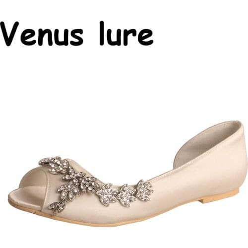 23 Colors Womens Flat Party Shoes Peep Toe with Rhinestone Ivory Color Fabric