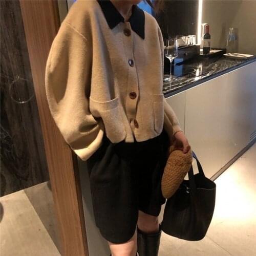 Cardigan Women Turn Down Neck Loose Pocket Short Knitted Coat Angolan Fabric Sweater 2021 New Autumn Winter Female Casual Jacket