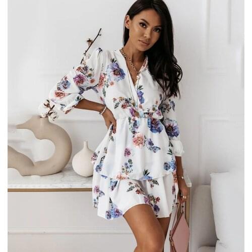 Autumn Womens Chiffon Dresses Fashion V Neck Printing Elastic Mid Waist Long Sleeve Dress 2021 Ladies Temperament Office Dress