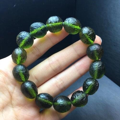 14mm Green GEM MOLDAVITE Meteorite Impact Glass Bead Bracelet