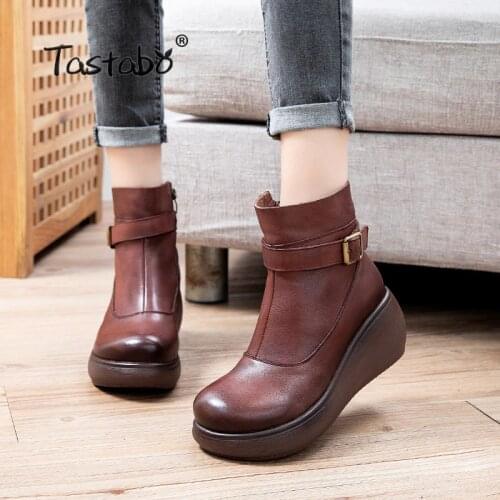 2020 Fashion Ankle Boots Women Genuine Leather Flats Boots Winter Shoes Woman Warm Non-Slip Black Brown Women Boots S20107