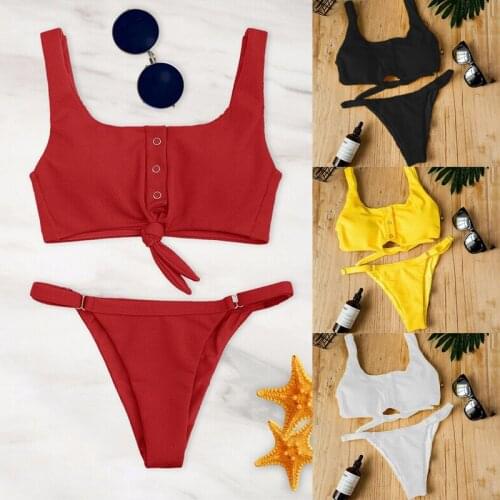 2020 Sexy Bikini Set Women Swimsuit Solid Bikini Backless Swimwear Low Waist Bathing Suit Button Female Brazilian Biquini