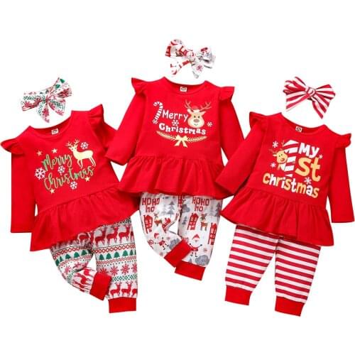 3 Pcs Infant Christmas Outfits, Toddler Letter & Deer Print Fly Sleeve Round Neck Pullover + Pants + Bow Headband