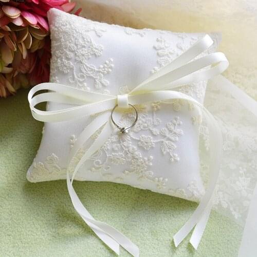 9X9cm Flower Lace & Embroidered Decor Bridal Wedding Ceramony Mini Pocket Ring Pillow Cushion Bearer with Ribbons