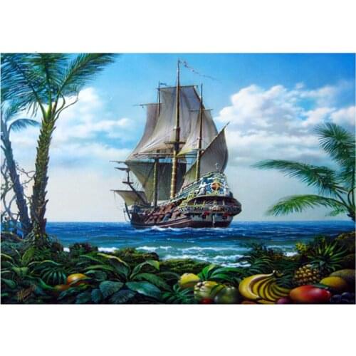 Diamond Embroidery Boat Sea Landscape Painting of Rhinestone Full Square Diamond Painting Resin Drill Bead Work Craft