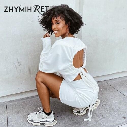 ZHYMIHRET Hollow Out Drawstring Dress Women Long Sleeve Cotton Streetwear 2020 Autumn Mini Dress Casual Open Back Vestidos