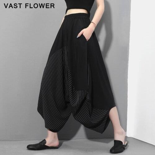 Striped Spliced High Waist Black Plus Size Wide Leg Pants Women New Pocket Loose Casual Trousers Fashion Spring Summer 2021