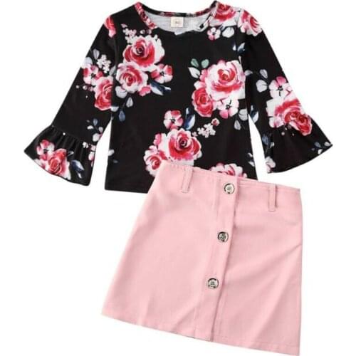 Boutique Kid Clothes 2020 Toddler Baby Girl Clothes Long Sleeve Floral Print Tops T-shirt +Mini Skirt 2pcs Outfit