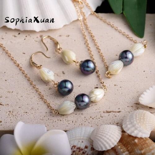 SophiaXuan Hawaiian Fashion Jewelry Set Pikake Pearl Gold Pendants Bracelet Earrings Necklaces Sets Jeweler for Women Gift Party