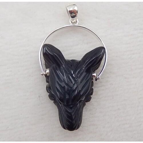 Natural Handmade wolf head Obsidian stone pendent, 925 silver pinch bail, stone wolf charm wolf pendant necklace 28x21x11mm，6.8g