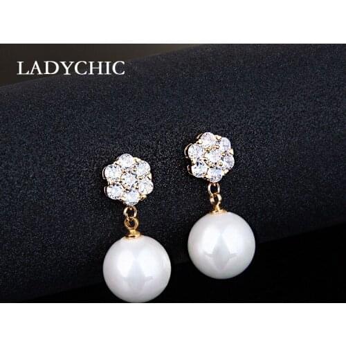 LADYCHIC Exquisite Pearl Earrings for Women Simple Fashion Gold & Silver Color Zircon Drop Earrings Jewelry Accessories LE1318