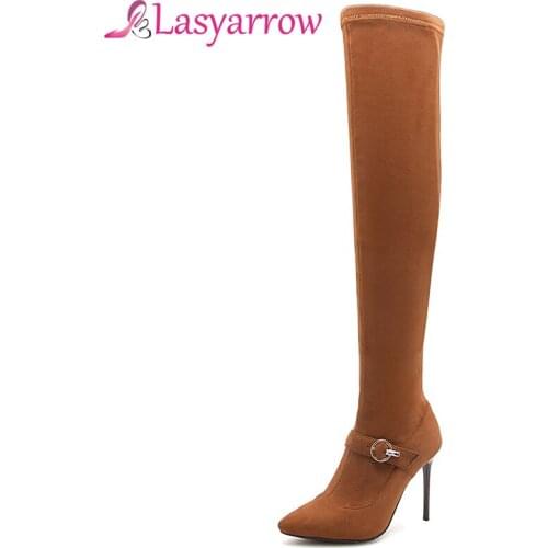Lasyarrow Stretch Slim Women Thigh High Boots Stilettos Sexy Over the Knee Boots Pointy Toe High Heel Long Boots Knight Boots