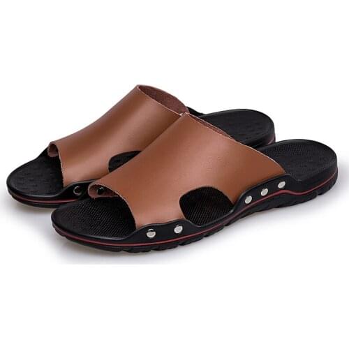Summer Flat Summer Man Shoes Breathable Beach Slippers Split Leather Flip Flops Genuine Leather Cow Leather PU