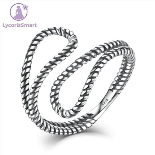 LycorisSmart Sterling Silver 925 elegant design minimalist Rope Winding Simple Stylish Cuff Open Adjustable Ring Woman Jewelry