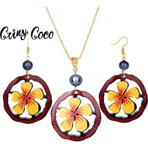 Cring Coco Acrylic Jewelry Set 2021 Fashion Flower Yellow Drop Earring and Necklaces Set Hawaiian Beach Jewelry Earing for Women