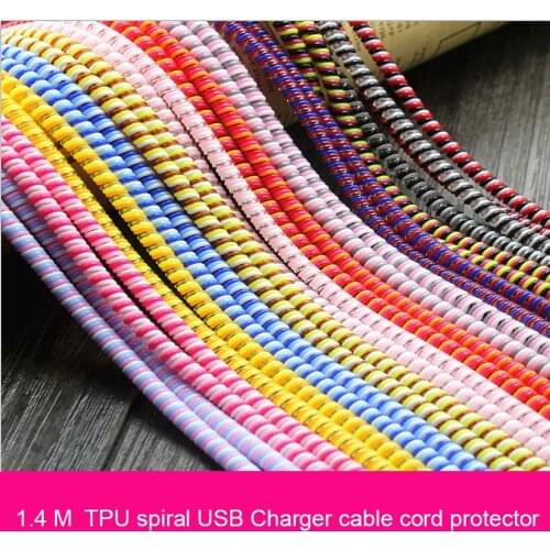 NEW 30pcs/lot Three Colors 1.4M TPU spiral USB Charger cable cord protector wrap cable winder for usb charging cables organizer