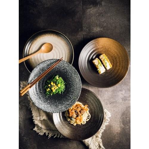 EECAMAIL Creative Personality Ceramic Plate Japanese Household Simple Flat Plate Dinner Plate Black Breakfast Plate Snack Plate