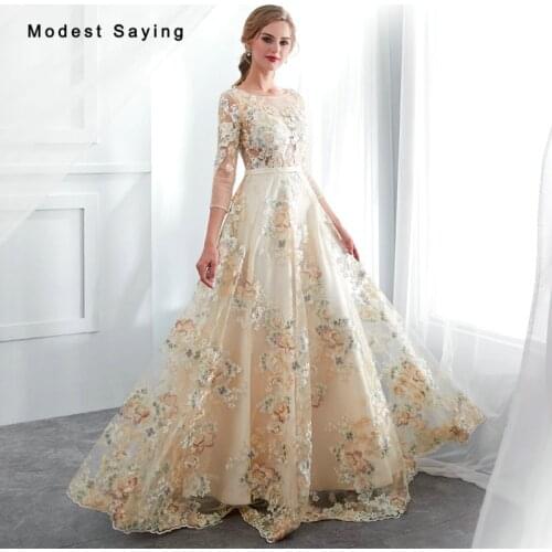 Romantic Champagne A-Line Lace Evening Dresses 2019 with Illusion Back Formal Women 3/4 Sleeves Engagement Long Party Prom Gowns
