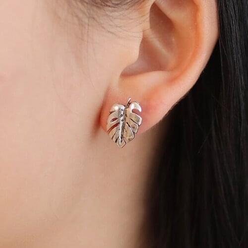 Vintage Silver Plated & Golden Leaf Metallic Plant Stud Earrings for Women