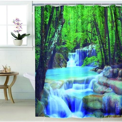Happy Tree Fabric Polyester Waterfall 3D Shower Curtain Thicken Fabric Bathroom Curtain Landscape Printing Green Bath Curtain