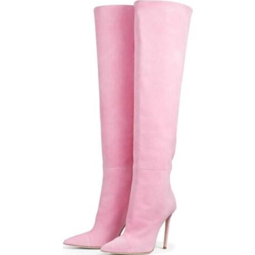 Dipsloot womens shoes blue pink black suede pointed toe boots stilettos heels over the knee thigh high boots large size 45